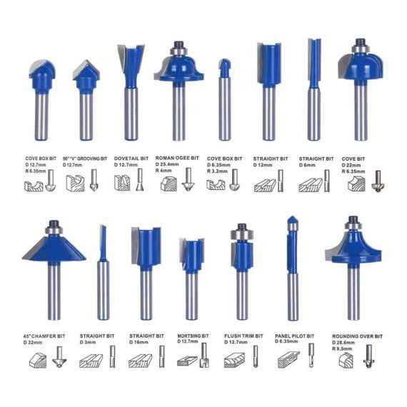 15-teiliges Fräser-Set 635mm (1/4 Zoll) Schaft für Holzbearbeitung - Hochwertige Wolfram Hartmetall Eckenkanten-Werkzeuge inkl. Straight Bit Cove Bit Fasenbohrer - Ideal für Kantenbearbeitung & Aushöhlung in Spanplatten perfekte DIY Tools