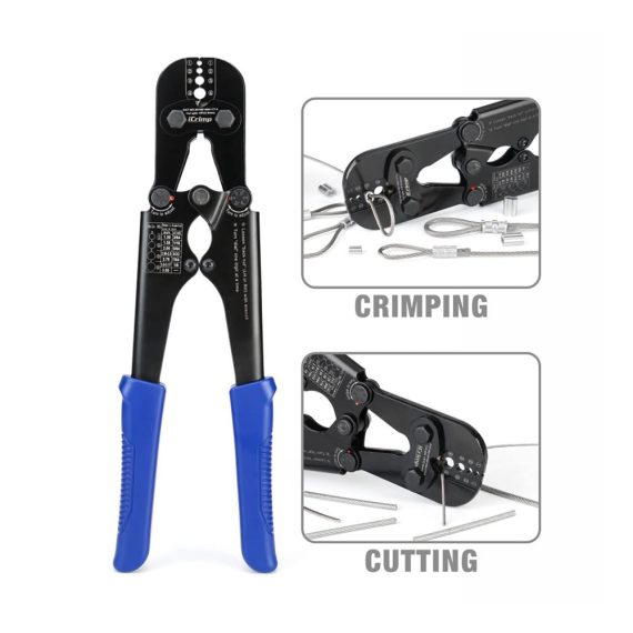 iCrimp IWS-1608M-C Crimpzange | Multi-Durchmesser Crimpwerkzeug für Drahtseile und Drahtseilhülsen | Integrierter Abschneider | 1.19mm bis 3.18mm Bereich | Professionelle Crimpzange