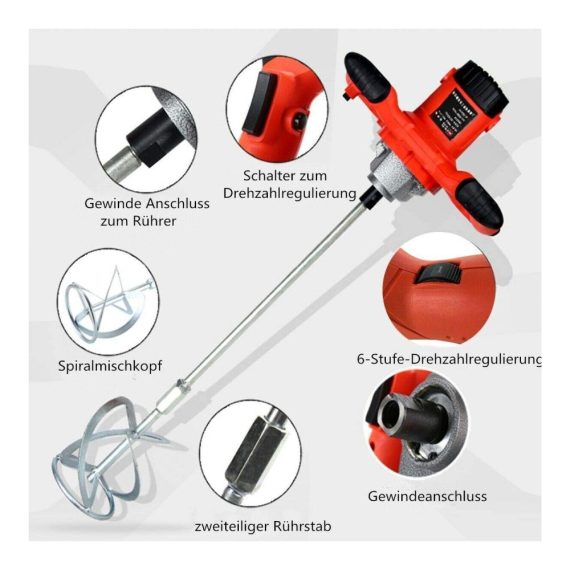 Mörtelrührer 2100W | Handrührgerät mit 6 Stufen | Betonrührer für Mörtel und Gips | 220V Rührwerk mit Wendelrührer | Rührer Paddel inklusive | Mischer für Baustelle und Heimwerker | Leistungsstarker Rührer 800r/min
