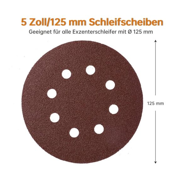 125mm Klett Schleifscheiben Set | 100St. Schleifpapier Klett für Exzenterschleifer | 8-Loch Design | Inkl. Körnungen P40-P400