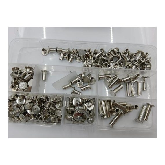 220 Stück Rändelschrauben & Chicago-Bindungssätze - Metall-Rundkopf Buchschrauben für Buchbinderei Lederdekoration & Gürtel - 7 Größen in Silber - Schraubnieten in praktischer Plastikbox