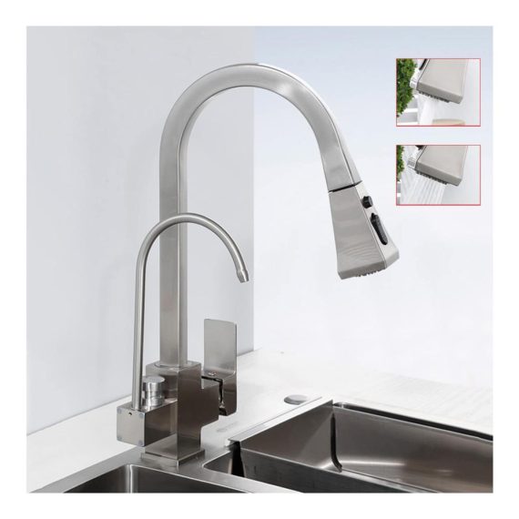 3-in-1 Ausziehbarer Küchenwasserhahn mit Touch-Funktion und 3 Sprühmodi - Wasserfilter Trinkwasserhahn und Chrommischbatterie (Gebürstetes Nickel