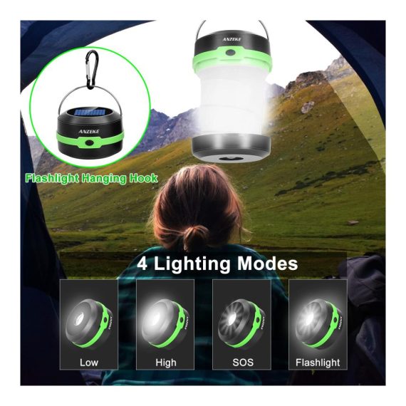 Solarbetriebene LED-Campingleuchte mit USB-Ladefunktion | Zusammenklappbares Design 4 Modi Notfallleuchten für Camping Wandern Angeln – Grün