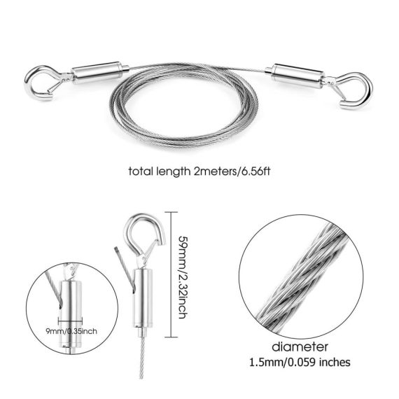Bildaufhängung 2m Edelstahl Drahtseil mit 15 mm Durchmesser - Heavy Duty Bildaufhänger für Wohnzimmer Schlafzimmer Badezimmer Restaurant Arbeitszimmer - Home Decor Haken für Bilder - Ausstellungshalle Galerie Zubehör