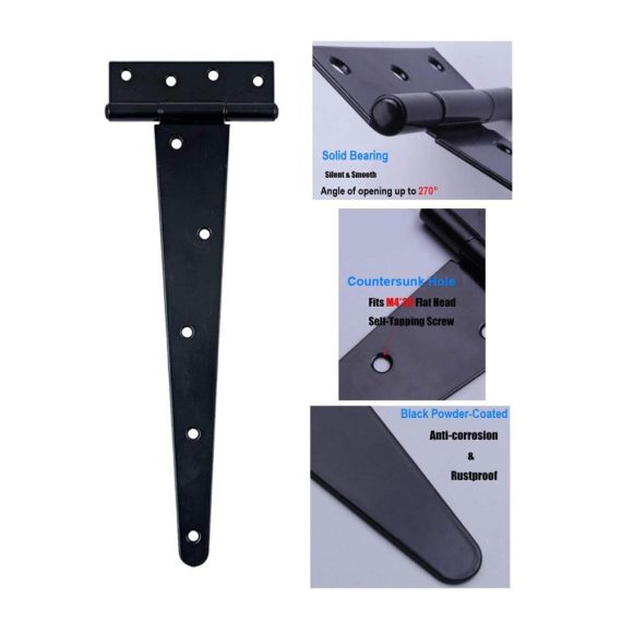 3er Set Schwarze T-Scharniere 360 mm für Holztüren - Robuste Türangeln mit Passenden Schrauben
