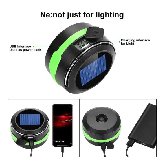 Solarbetriebene LED-Campingleuchte mit USB-Ladefunktion | Zusammenklappbares Design 4 Modi Notfallleuchten für Camping Wandern Angeln – Grün