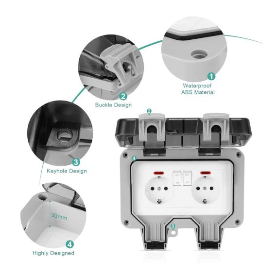 2-fach Außensteckdose mit IP66 Wasserschutz Klappdeckel und Kabelverbinder - Ideal für Küche Bad Garage Schwimmbad und Garten - Staubdicht und Outdoor Steckdose