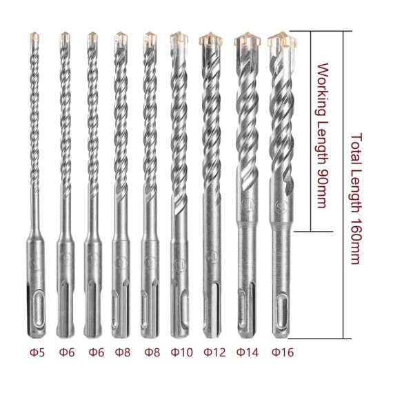 SDS Plus Bohrer Set 9-teilig – Profi Hammerbohrer für Beton Stein Holz Ziegel und Fliesen – Betonbohrer 160mm lang mit 4 Schneiden – YUHIAKE Werkzeuge für präzises Bohren