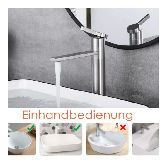 Badarmatur mit 360° Drehung | Einhebelmischer für Waschtisch und Badewanne | Gebürsteter Wasserhahn mit hochwertiger Mischbatterie | Moderne Armatur für Waschtisch und Wanne (Modell 1M2OK-T