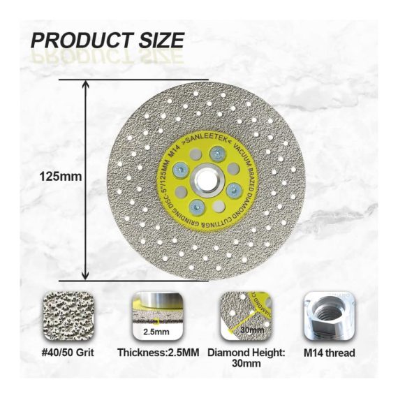 Diamant-Trennscheibe 125mm - Hochleistungs Vakuumgelötet für Marmor Granit Beton & Porzellanfliesen - Doppelseitige Diamantscheibe mit M14 Gewinde von SANLEETEK