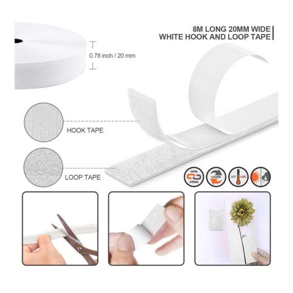 Selbstklebende Gewebebänder Klettverschluss-Set - Extra Stark Weiß 8m x 20mm Rund 50mm/20mm (Je 10 Paar) - Perfekt für DIY-Projekte Moskitonetze an Türen und Fenstern - Vielseitig einsetzbar
