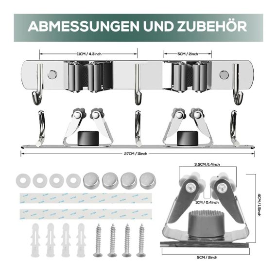 2 Stück Selbstklebende Edelstahl Besenhalterung - Wandhalterung mit Halterungen und Haken für Besen Mops Werkzeuge und Gartengeräte - Ideal für Badezimmer Küche und Zuhause