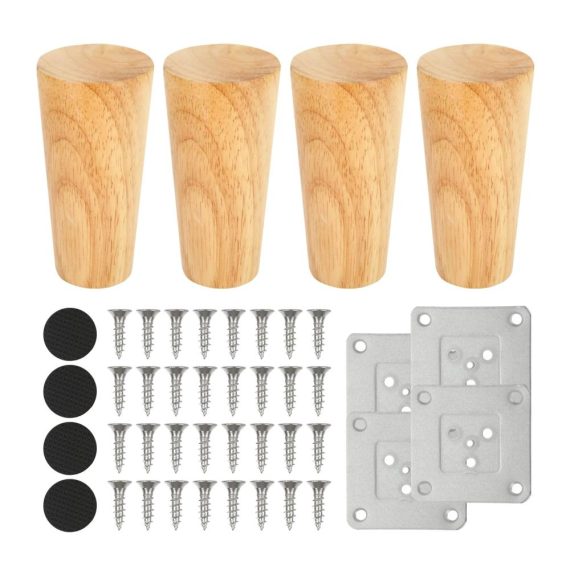 4er Set 15cm Konische Massivholz Möbelfüße - Runde Tischbeine mit Montageplatte und Gummipads für Sofa Bett Schrank Couch & Stuhl - Ersatzbeine für Möbel aus Holz