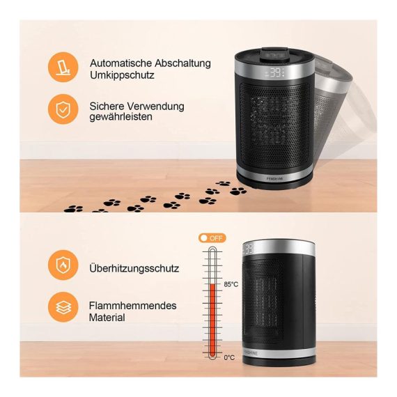 Heizkörper Fenshine PTC-Heizlüfter - Keramik-Heizlüfter 1500 W Fernbedienung tragbar energiesparend 12 Stunden Timer automatische Abschaltung programmierbar leiser Raumheizer für den Innenbereich