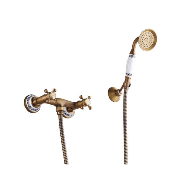 Antike Messing Wandmontage Badewannenarmatur mit Handbrause - Retro Stil Zwei Griffe Duscharmatur