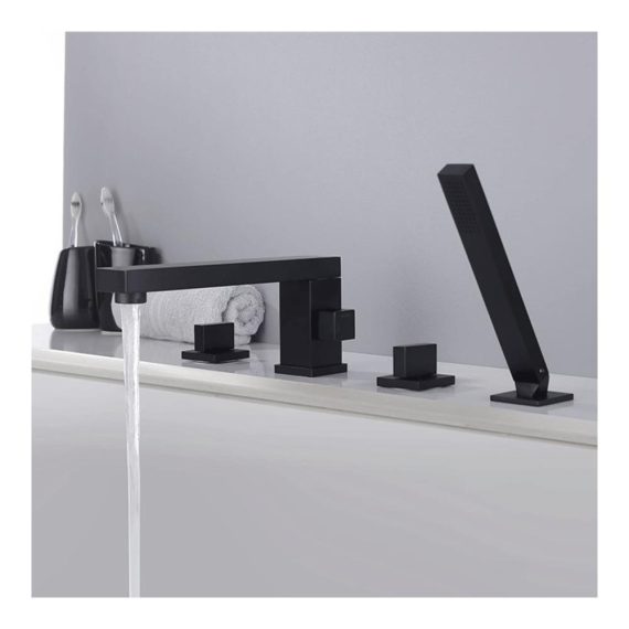 4-Loch Badewannenarmatur-Set in elegantem Schwarz mit Wannenrandarmatur Handbrause und Doppelgriff - Moderne Armaturen für stilvolles Badezimmer