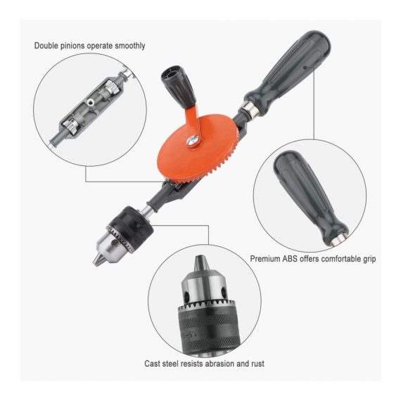 Handbohrer 3/8 Zoll (1.5-10mm) - Leistungsstarke Handbohrmaschine mit Spannfutter aus Stahlguss und Doppelritzel für Holz Kunststoff Acryl Leiterplatten - Orange Design