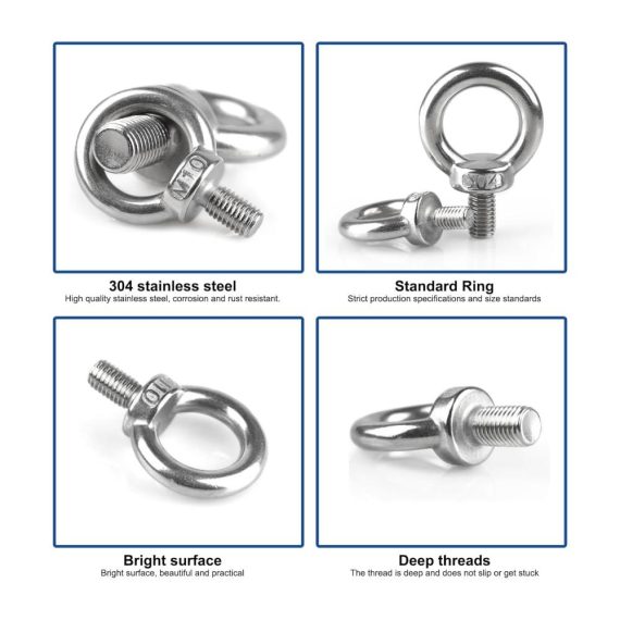 Edelstahl Augenbolzen 6er Set - Ringschrauben M10 mit Außengewinde für Seilmontage und Hebezubehör Silber