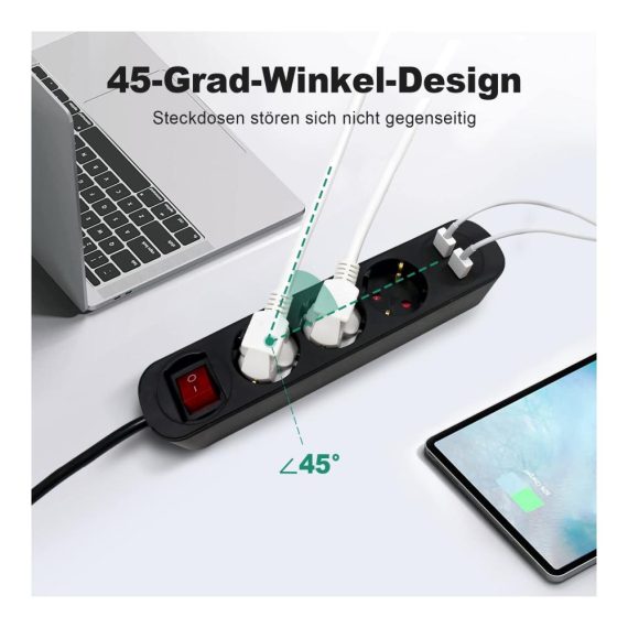 3-fach Steckdosenleiste USB 3680W 2 USB-Anschlüsse 5V/2.4A Schalter Kindersicherung 3m Kabel - RealMade Schwarz Steckerleiste für Smartphones
