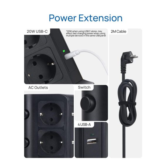 12-fach Steckdosenleiste mit Überspannungsschutz und 20W USB-C Ports - PD3.0 Unterstützung - 4 USB-A - 3680W/16A - Ideal für Zuhause & Büro