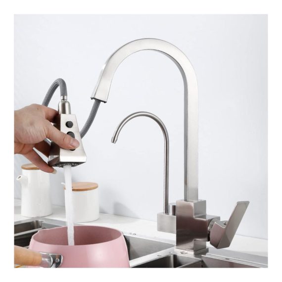 3-in-1 Ausziehbarer Küchenwasserhahn mit Touch-Funktion und 3 Sprühmodi - Wasserfilter Trinkwasserhahn und Chrommischbatterie (Gebürstetes Nickel