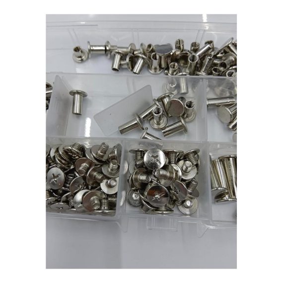 220 Stück Rändelschrauben & Chicago-Bindungssätze - Metall-Rundkopf Buchschrauben für Buchbinderei Lederdekoration & Gürtel - 7 Größen in Silber - Schraubnieten in praktischer Plastikbox