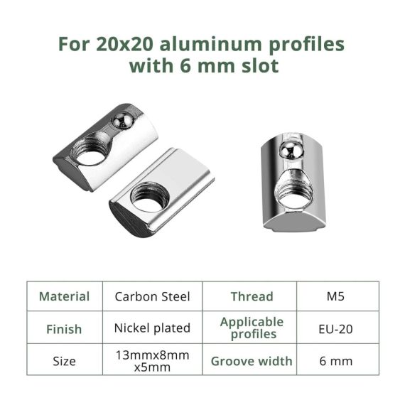 Nutensteine M5 mit Steg - Federkugel Nut 6 100 Stück Hammermutter Stahl Verzinkt Nutmuttern T-Nut M5 Gewinde für 3D Drucker und CNC Aluminiumprofil-Extrusionsschlitz 20-Serie 20x20 mm