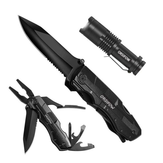 Multifunktionales ORSIFOW Taschenmesser 13-in-1 Multitool mit Zange Klappmesser Dosenöffner Schraubendreher und Mini LED-Taschenlampe – Ideales Camping- und Wanderausrüstungswerkzeug