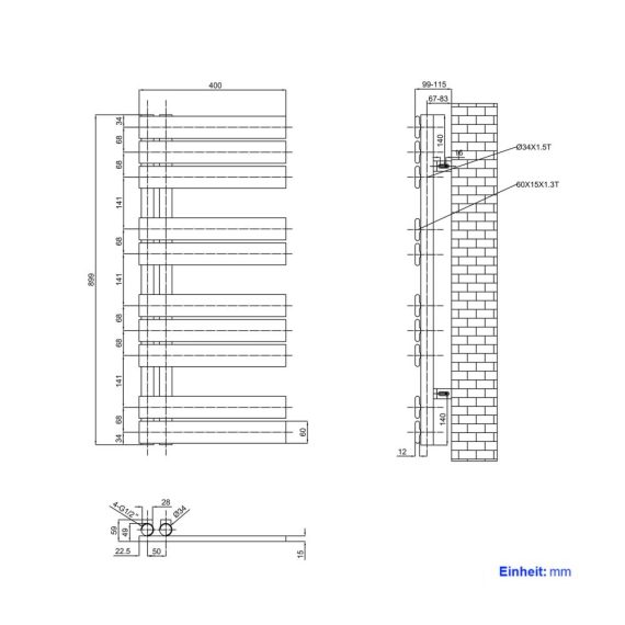 Badheizkörper Flachdesign 400x899mm - Handtuchtrockner Anthrazit 399W für Badezimmer - Seitenanschluss Handtuchwärmer mit Stil
