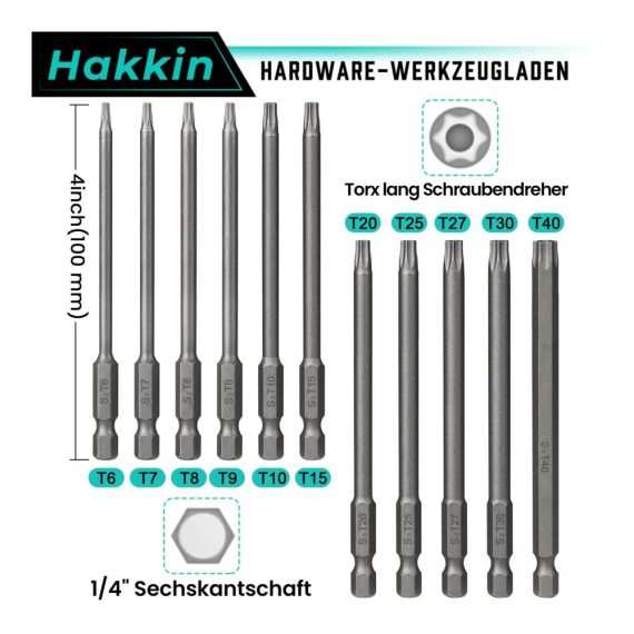 12-teiliges Torx Schraubendreher Set - Hochleistungs-Bitsätze aus S2 Stahl für Akkuschrauber - Magnetischer Schraubendrehersatz mit Loch - Torx Bit Set T6-T40 1/4 Zoll 100mm Lang