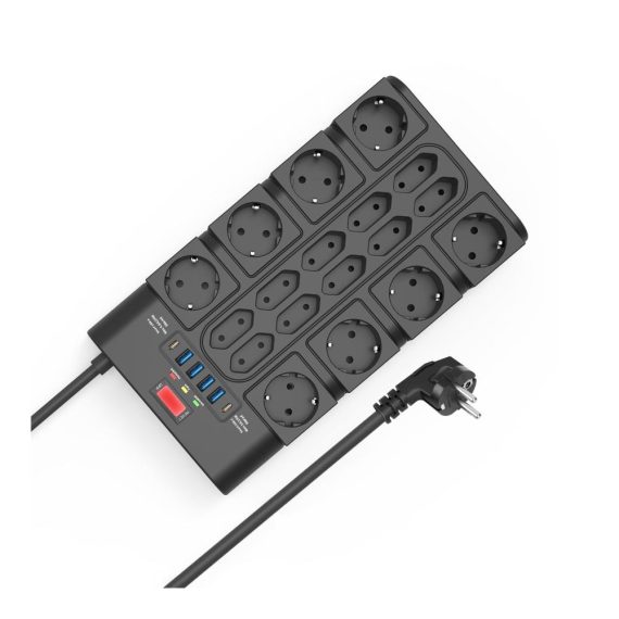 18-fach Mehrfachsteckdosenleiste mit USB-A und USB-C Überspannungsschutz Wandmontage 2m Kabel – ideal für Büro und Zuhause