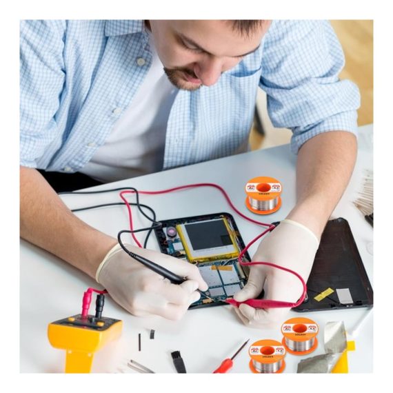 Elektronik Lötzinn Set - 4 Stück 50g Lötzinn mit Kolophoniumkern und Flussmittel | Lötdraht für Reparatur & Elektrolöten (06/08/1 mm) - Ideal für Heimwerken