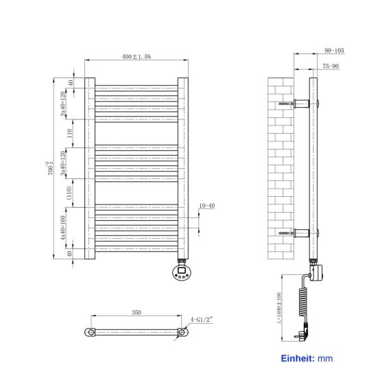 Heizkörper Badheizkörper Elektrisch 70x40cm - Digitales Thermostat Timer Weiß - Handtuchwärmer mit 238W Leistung