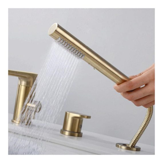 Badewannenarmatur 4-Loch in Gebürstet Gold | Multifunktions Wasserhahn mit Brause | Wannenfüllarmatur für Wannenkombination | Zwei Griffe für Kalt und Kalt