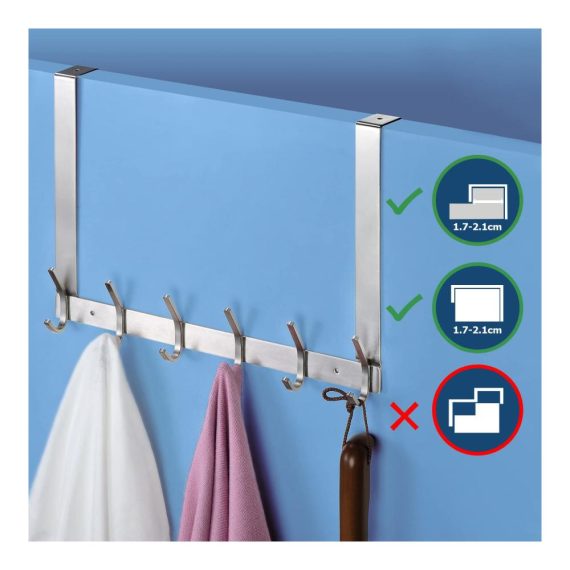 Edelstahl Türhakenleiste ohne Bohren - Platzsparende Türgarderobe für Deutsche Türen in Küche und Badezimmer mit 6 Haken (Silber 21 cm dick