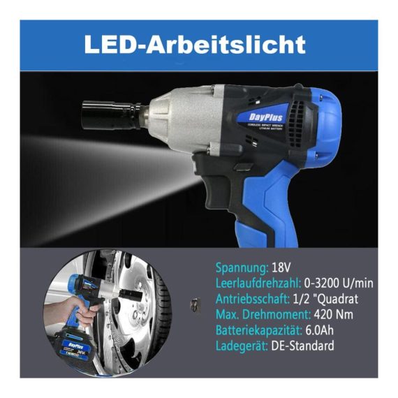 Akku Schlagschrauber 1/2 Zoll - Leistungsstarker Elektro-Schrauber mit 18V 6.0Ah Akku 420Nm Drehmoment 2-Gang-Funktion für mühelosen Reifenwechsel inklusive 14/17/19/22mm Stecknüsse und Tragetasche - Ideal für schnelles und effizientes Arbeiten