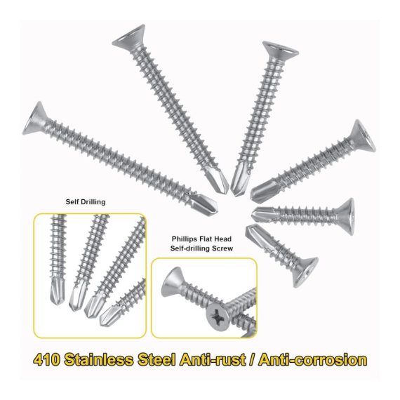 Blechschrauben HSEMALL 300PCS M4.2 M4.8 Edelstahl Selbstschneidende Schrauben mit Phillips Senkkopf und Selbstbohrfunktion – Set inklusive zwei Cross Bits