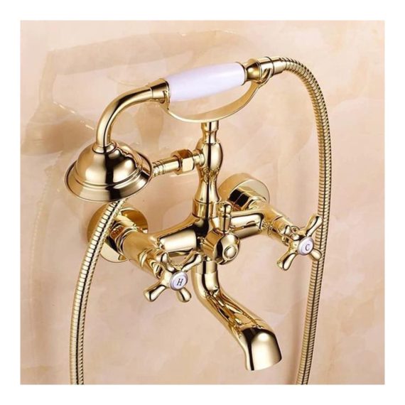 Antik Messing Badewannenarmatur mit Handbrause - Retro Wandmontage Zwei Griffe Gold Duscharmatur