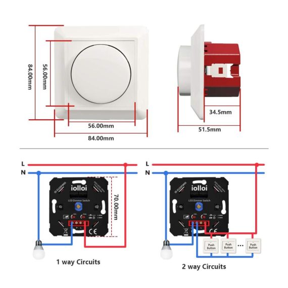 Dimmschalter iolloi LED Dimmer Unterputz - Drehdimmer für Dimmbare LED/Halogen 230V - Schalter mit Klemmkrallen & Abdeckung - Dimmer für LED Lampen 5-300W