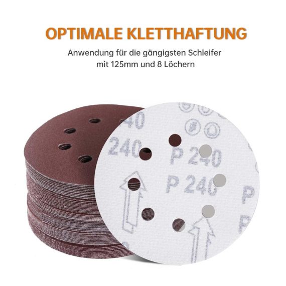 125mm Klett Schleifscheiben Set | 100St. Schleifpapier Klett für Exzenterschleifer | 8-Loch Design | Inkl. Körnungen P40-P400