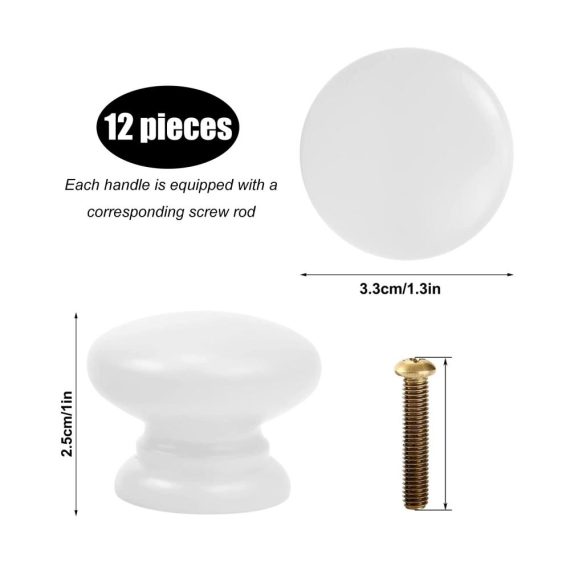 12er Set Weißer Porzellan Möbelknöpfe Ø 33mm mit Schrauben - Universelle Runde Schubladen- & Türgriffe für Schränke Kommoden Spinde & Schuhregale