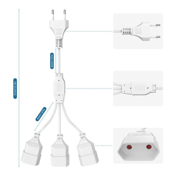 3-in-1 EU Verlängerungskabel mit Flexiblem Kabel Steckdosenadapter für Computer TV PC Phone – Euro Konverter Buchse Mehrfachsteckdose in Weiß