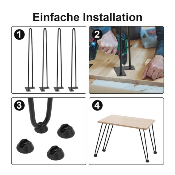4er Set Schwarze Metall Hairpin Legs (30cm) - Austauschbare Möbelfüße für Tische Schränke & Mehr