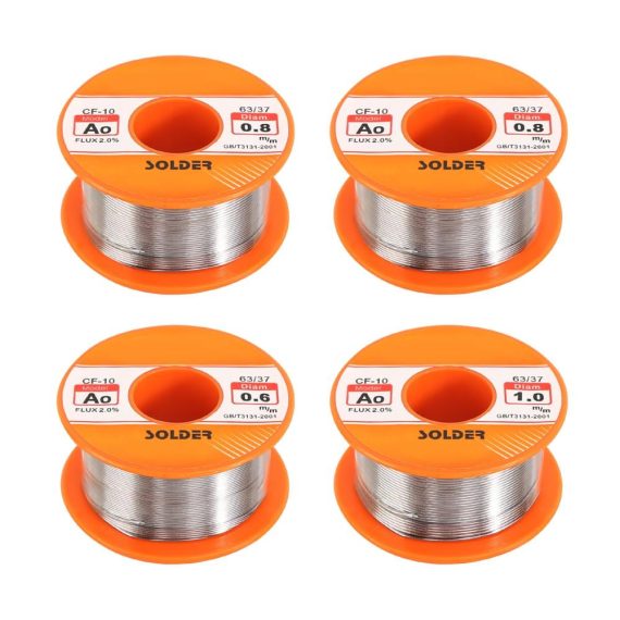 Elektronik Lötzinn Set - 4 Stück 50g Lötzinn mit Kolophoniumkern und Flussmittel | Lötdraht für Reparatur & Elektrolöten (06/08/1 mm) - Ideal für Heimwerken