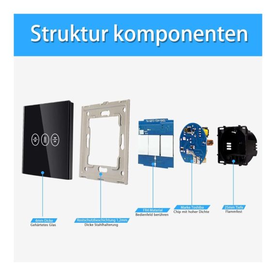 WIFI Touch Rolladenschalter - Smart Home Jalousieschalter für Alexa und Google Home - Unterputz Schalter mit Sensor Touchscreen in Schwarz - Kompatibel mit Tuya - Neutrale Linie erforderlich
