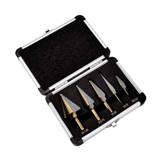 5-teiliges HSS Titan-beschichtetes Stufenbohrer-Set im British System 1/4-1-3/8 3/16-7/8 1/4-3/4 1/8-1/2 3/16-1/2 – Präzise Bohrer mit Dreiecksschaft für vielseitigen Einsatz
