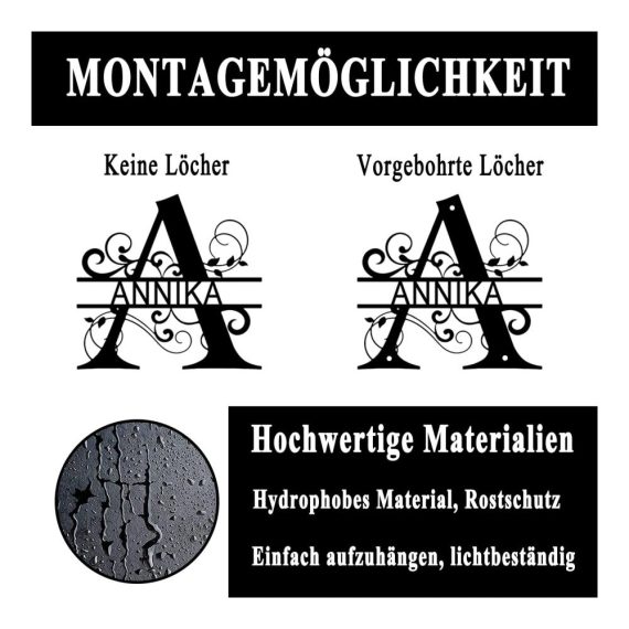 Personalisiertes Metall-Türschild mit Familiennamen Monogramm & Alphabet-Deko