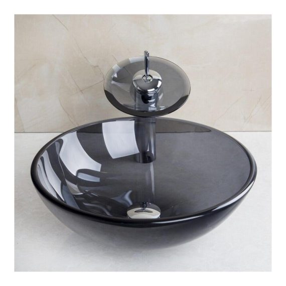 Design-Waschtisch-Set Rundes 415 cm Glasbecken in Grau mit Siphon Abflussrohren und Wasserhahn – Hochwertiger Ausgussbecken-Brand für stilvolle Badezimmer
