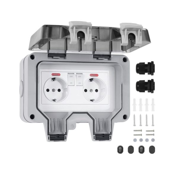 2-fach Außensteckdose mit IP66 Wasserschutz Klappdeckel und Kabelverbinder - Ideal für Küche Bad Garage Schwimmbad und Garten - Staubdicht und Outdoor Steckdose