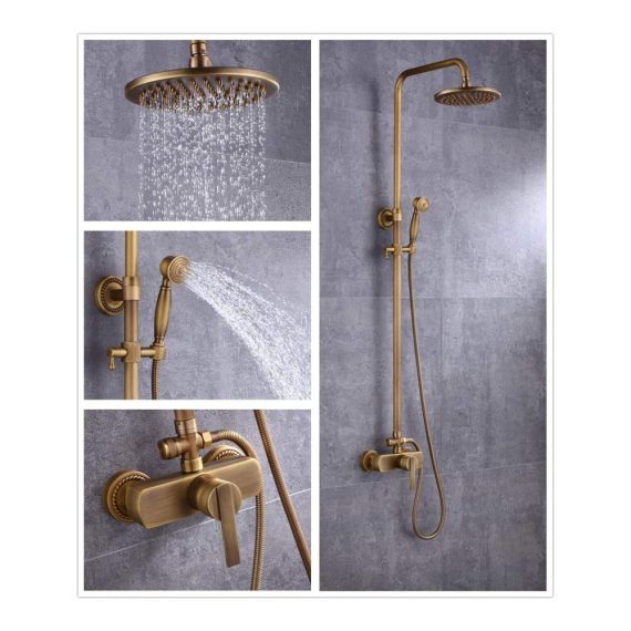Antike Messing Duscharmatur Set Solepearl Duschsystem in Gold mit Regendusche Retro Duschset Höhenverstellbar 70~120cm inklusive 8 Handbrause Köpfen
